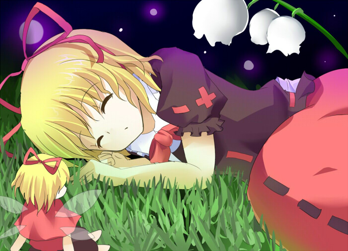 blonde_hair, flower, hair_ribbon, lily_of_the_valley, mai_yukari, medicine_melancholy, ribbon, short_hair, sleeping, su-san, touhou