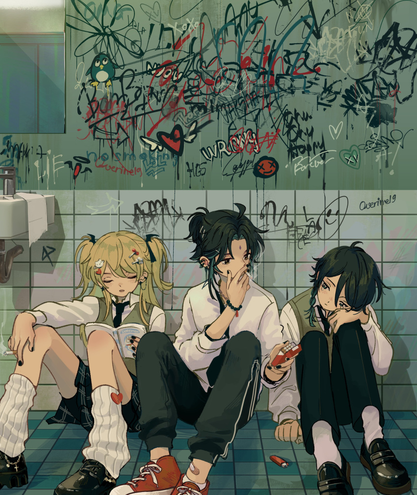 1girl, 2boys, absurdres, alternate_costume, artist_name, bandaid, bathroom, bike_shorts, bike_shorts_under_skirt, black_hair, black_nails, black_shorts, blonde_hair, braid, cigarette, cigarette_pack, collared_shirt, contemporary, doraemon, ear_piercing, facial_mark, fischl_(genshin_impact), forehead_mark, genshin_impact, green_hair, hair_ornament, hairclip, highres, holding, holding_cigarette, holding_cigarette_pack, holding_manga, indoors, knees_up, long_hair, long_sleeves, looking_at_another, manga_(object), miniskirt, mirror, multicolored_hair, multiple_boys, nail_polish, necktie, overine19, pants, piercing, plaid, plaid_skirt, school_uniform, shirt, shoes, shorts, shorts_under_skirt, side-by-side, side_braid, sitting, skirt, smoke, smoking, socks, tearing_up, tile_floor, tile_wall, tiles, track_pants, two-tone_hair, two_side_up, unhappy, venti_(genshin_impact), vest, wing_collar, xiao_(genshin_impact)