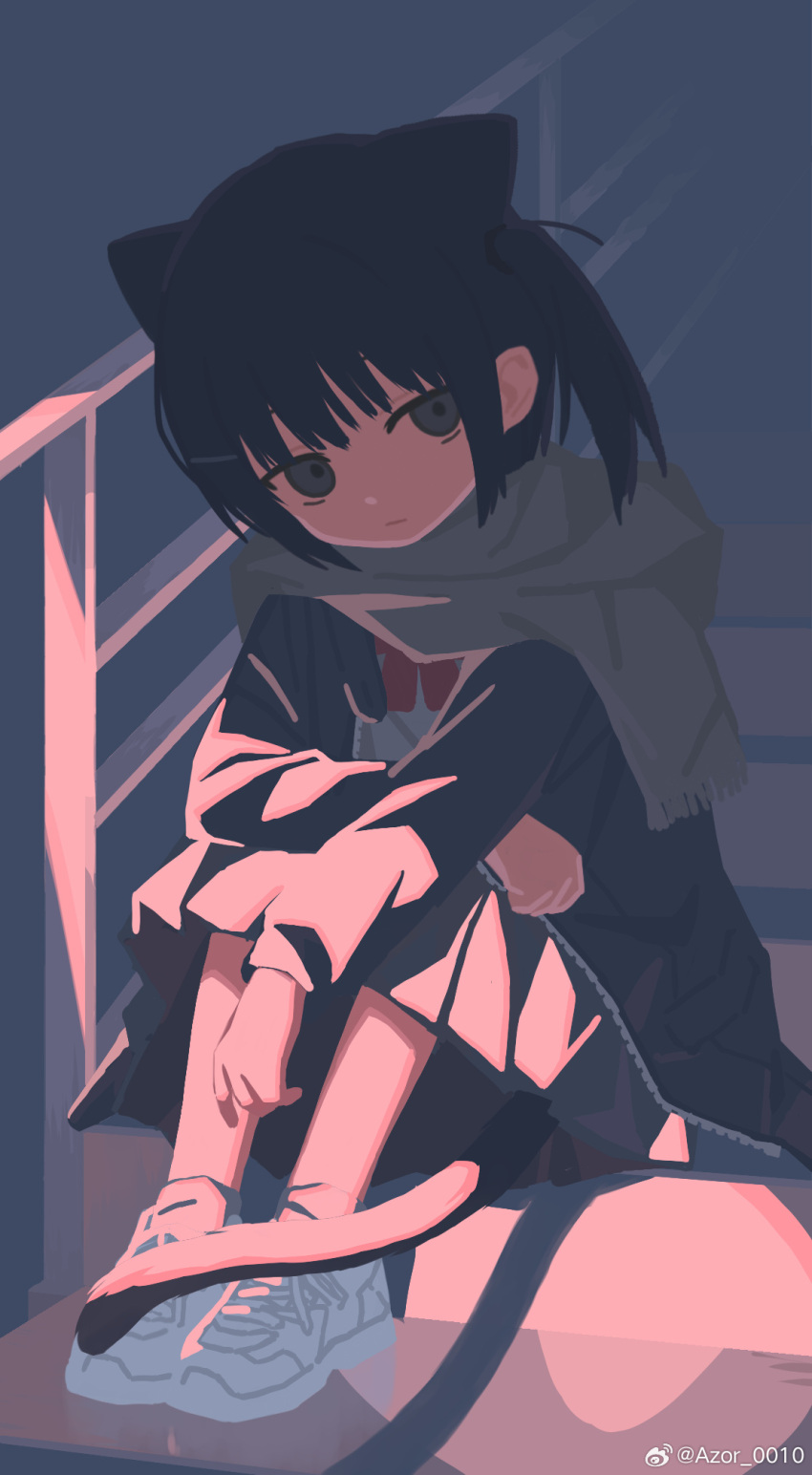 1girl, against_railing, arm_on_knee, bags_under_eyes, black_hair, black_shirt, black_skirt, bow