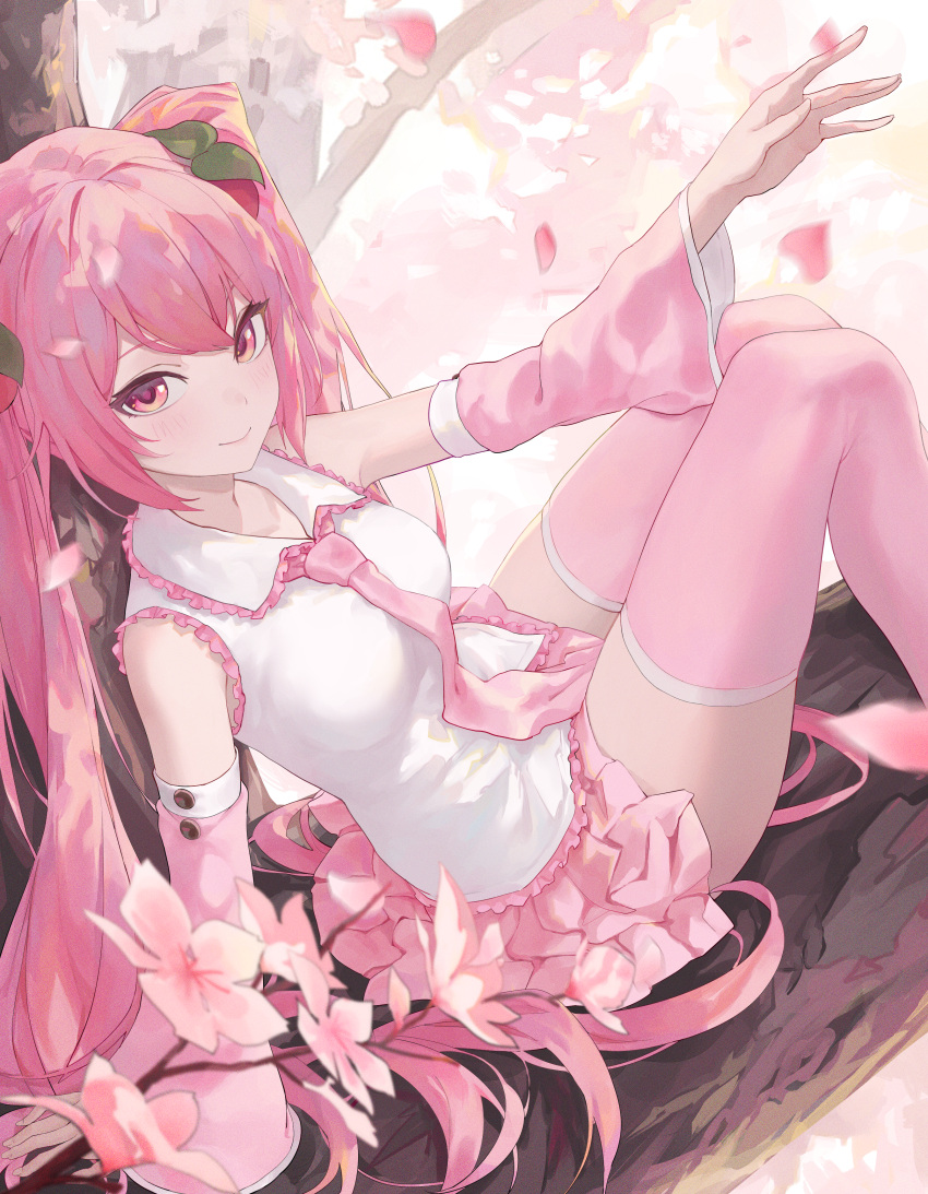 1girl, absurdres, arm_up, bare_shoulders, breasts, cherry_blossoms, cherry_hair_ornament, closed_mouth, collared_shirt, commentary, detached_sleeves, falling_petals, feet_out_of_frame, flower, food-themed_hair_ornament, frilled_shirt, frilled_shirt_collar, frills, hair_ornament, hatsune_miku, highres, in_tree, kiek_qaq, long_hair, long_sleeves, looking_at_viewer, miniskirt, necktie, petals, pink_eyes, pink_flower, pink_hair, pink_necktie, pink_petals, pink_skirt, pink_sleeves, pink_thighhighs, pleated_skirt, sakura_miku, shirt, sitting_on_branch, skirt, smile, solo, thigh-highs, tree, twintails, very_long_hair, vocaloid, wide_sleeves, zettai_ryouiki