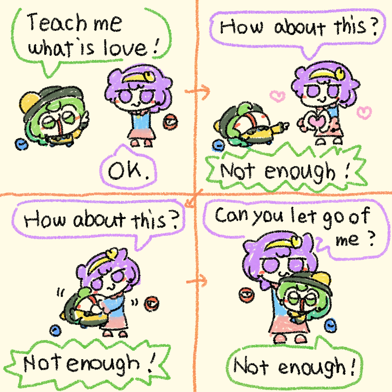 2girls, :s, black_headwear, commentary, english_commentary, english_text, green_eyes, green_hair