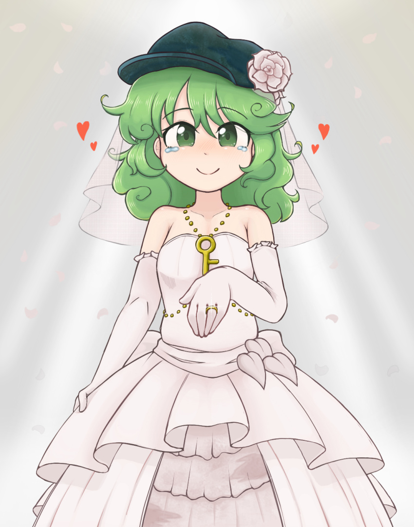 1girl, bridal_veil, closed_mouth, commentary, commission, dress, elbow_gloves, english_commentary