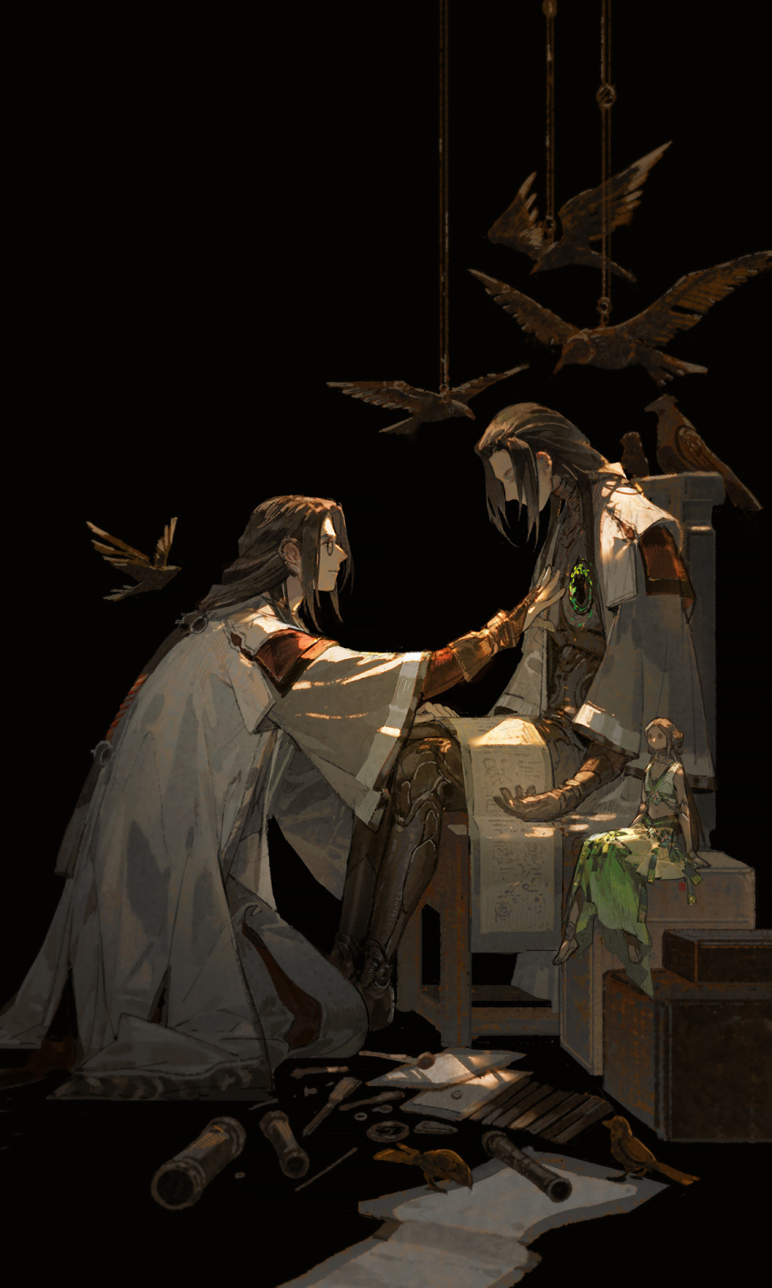 2boys, androgynous, android, bird, black_background, black_hair, box, cape