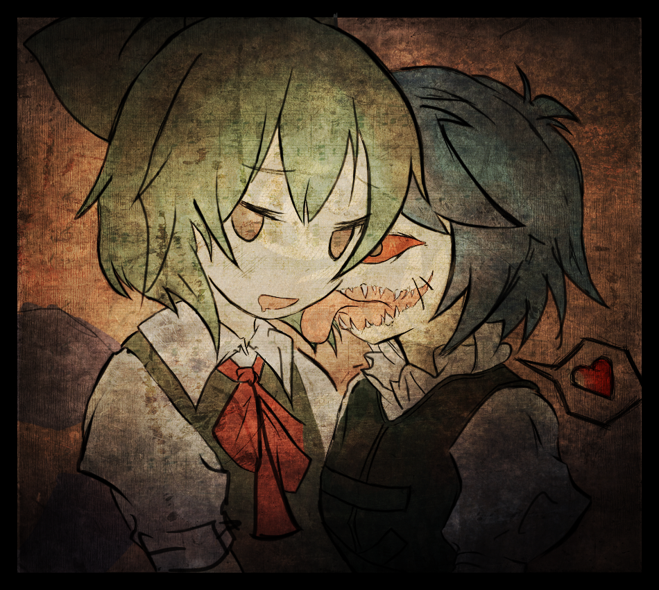 blue_hair, cirno, drooling, hair_ribbon, heart, multiple_girls, one-eyed, one_eye