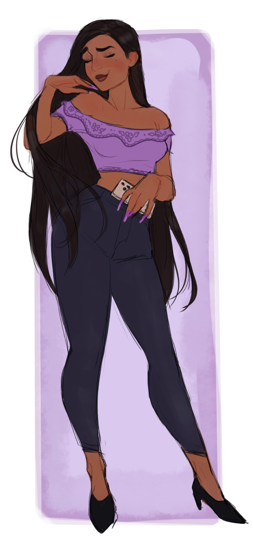 1girl, bare_shoulders, black_hair, black_pants, closed_eyes, commentary, contrapposto, dark-skinned_female, dark_skin, disney, encanto, fingernails, full_body, high_heels, highres, isabela_madrigal, lacryboy, long_fingernails, midriff, off-shoulder_shirt, off_shoulder, pants, purple_nails, raised_eyebrow, shirt, sketch, smile, solo