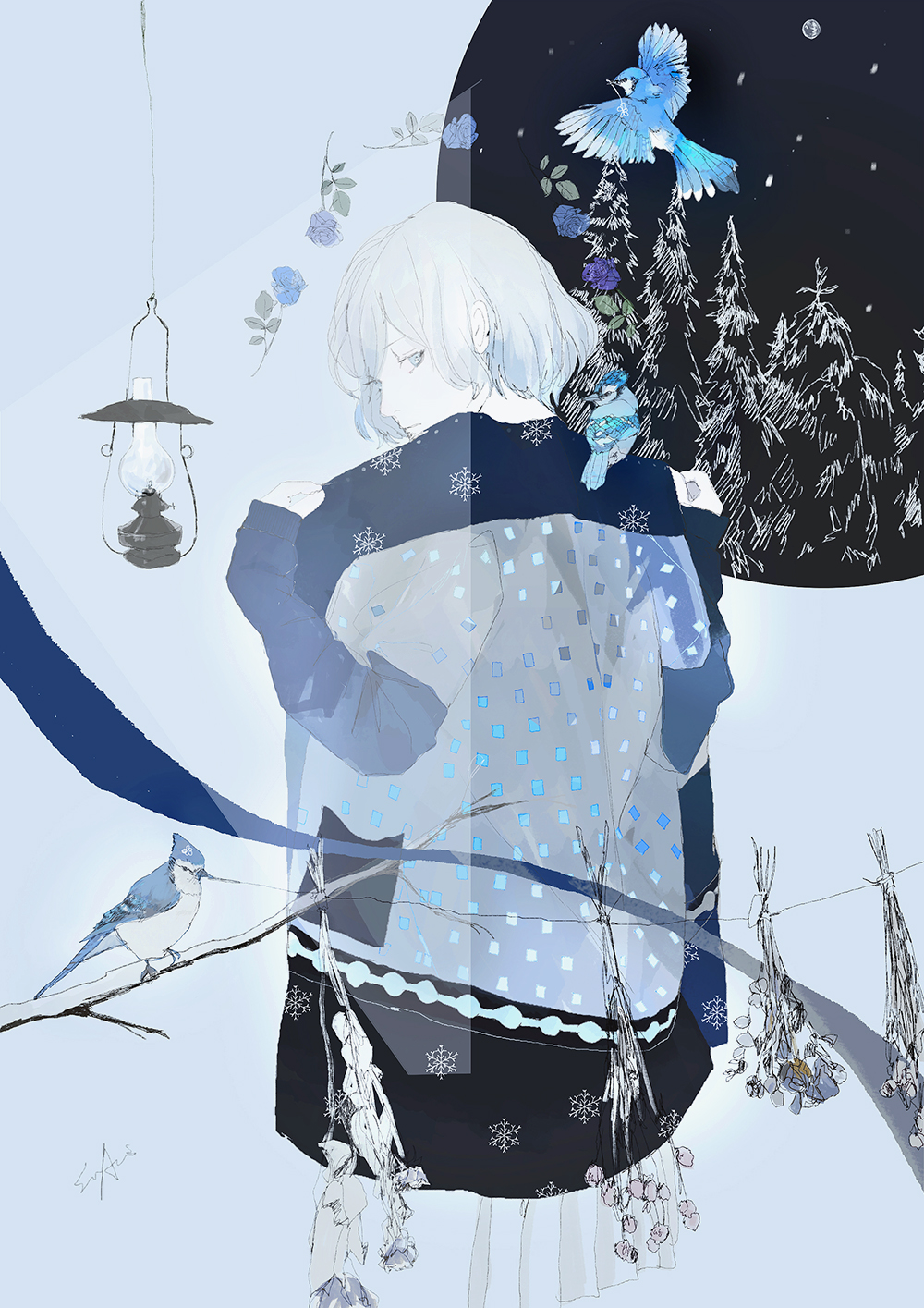 1girl, aofuji_sui, bird, blue_eyes, blue_flower, blue_jay, blue_rose, blue_sleeves