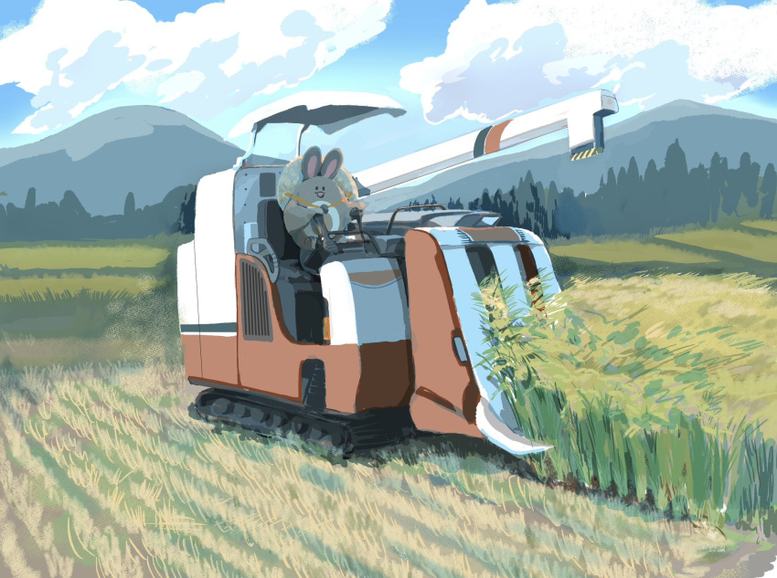 blue_sky, clouds, combine_harvester, day, farm, furret, grass, hasu_(2157hasu)