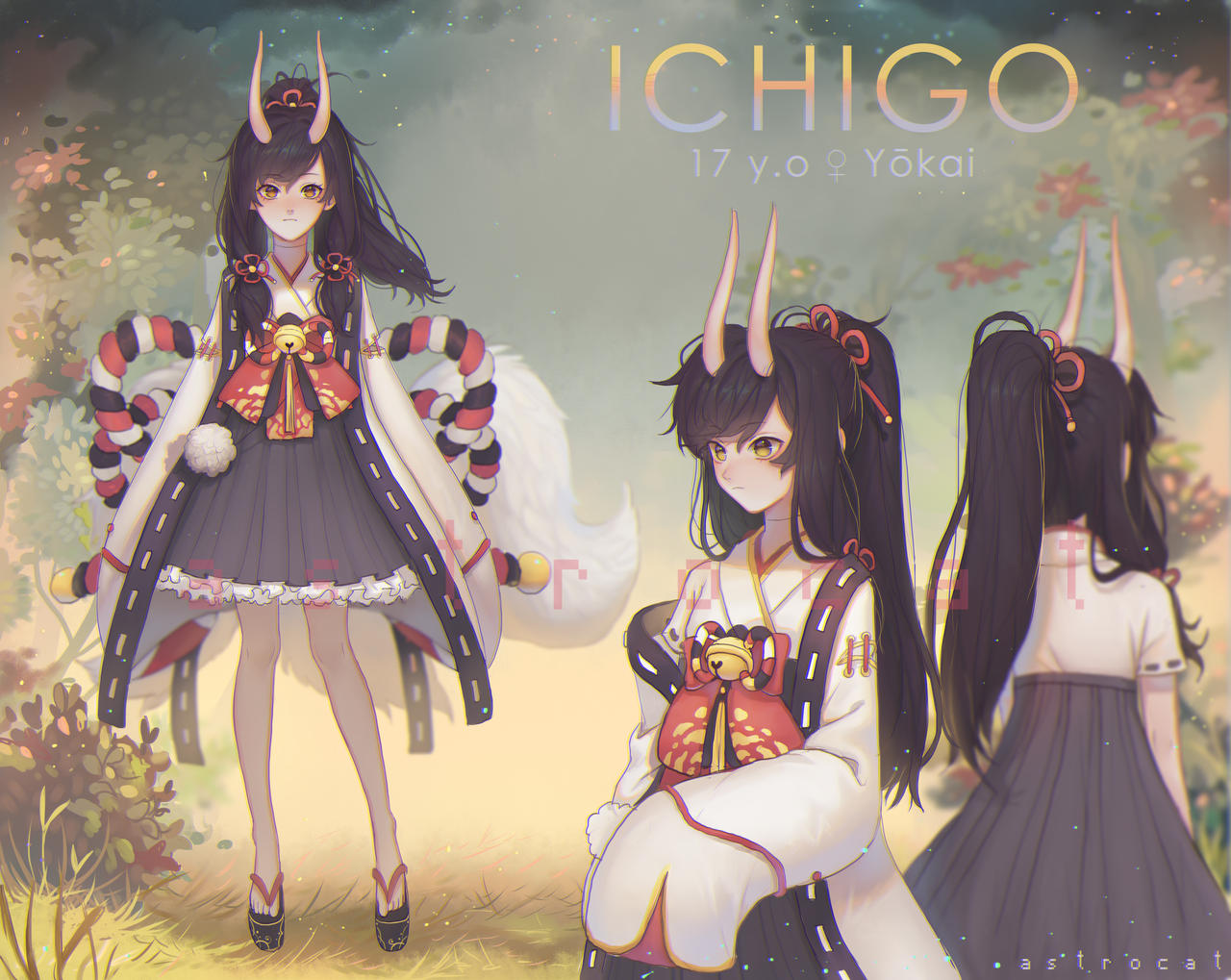 1girl, artist_name, astrocatsama, bell, black_footwear, black_hair, black_skirt, bow