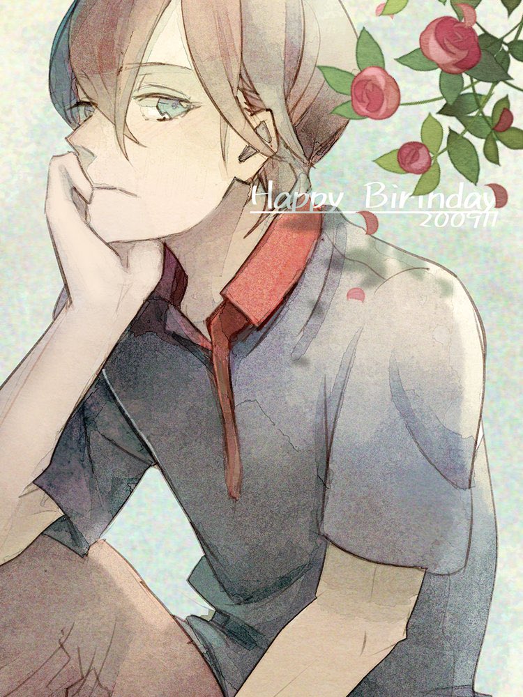1boy, amrta, black_shirt, branch, brown_pants, closed_mouth, dated, falling_petals