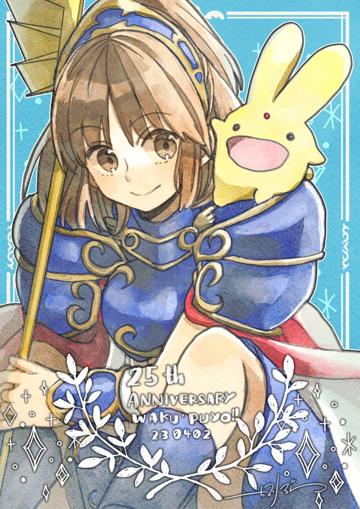 1girl, amrta, anniversary, arle_nadja, armor, blue_background, blue_skirt, blue_socks