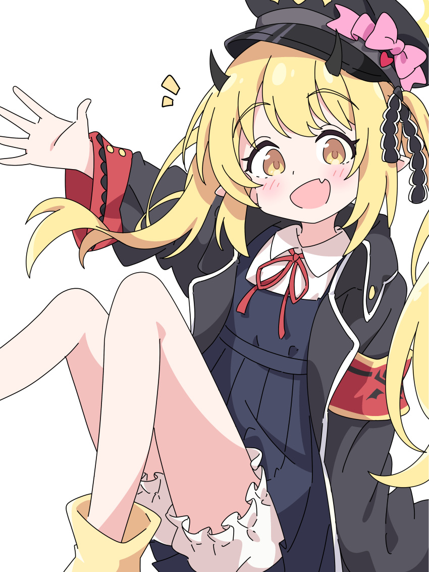 1girl, absurdres, black_coat, black_dress, black_headwear, black_horns, blonde_hair, bloomers