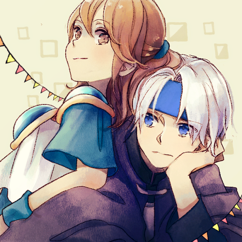 1boy, 1girl, amrta, arle_nadja, armor, black_cape, blue_eyes, blue_headband