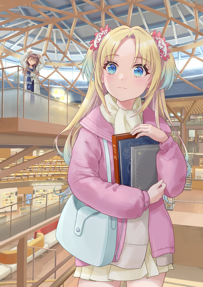 2girls, absurdres, arms_up, bag, blonde_hair, blue_eyes, blue_hair, blush