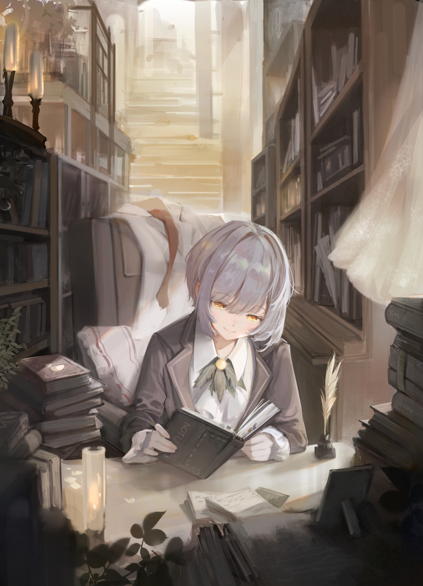 1girl, absurdres, angela_(project_moon), ascot, blue_hair, book, book_stack, bookshelf, chair, closed_mouth, coat, collared_shirt, curtains, feathers, frilled_coat, frills, green_feathers, grey_coat, highres, holding, holding_book, lamp, leaf, library_of_ruina, long_sleeves, looking_down, necktie, open_book, papon, plant, project_moon, quill, reading, red_necktie, shadow, shirt, short_hair, sidelocks, sitting, smile, solo, sunlight, unworn_necktie, unworn_shirt, upper_body, white_ascot, white_shirt, yellow_brooch, yellow_eyes
