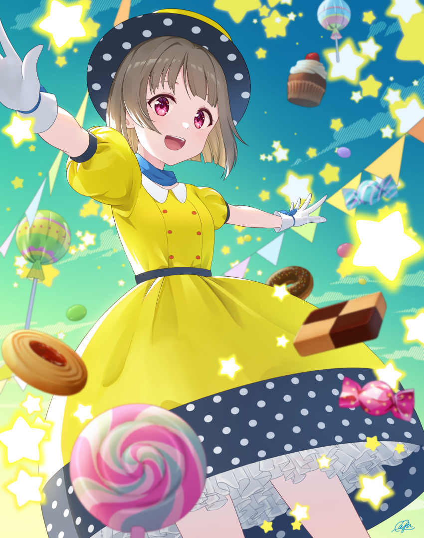 1girl, brown_hair, candy, cupcake, doughnut, dress, food, gloves, gradient_background, hat, highres, light_brown_hair, lollipop, looking_at_viewer, love_live!, love_live!_nijigasaki_high_school_idol_club, maju_(maju_magical), nakasu_kasumi, open_mouth, pink_eyes, polka_dot, poppin'_up_(love_live!), short_hair, smile, solo, star_(symbol), white_gloves, yellow_dress, yellow_headwear