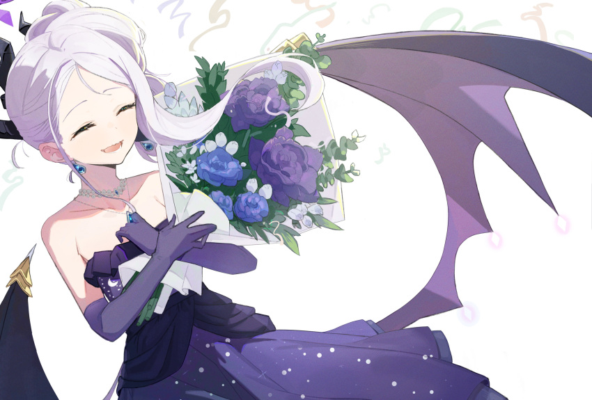 1girl, absurdres, black_horns, blue_archive, blue_flower, boller_jiang, bouquet, closed_eyes