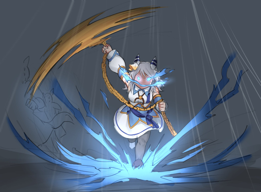 3girls, animal_ears, bolo_tie, chain, commentary_request, detached_sleeves, dress, ear_covers