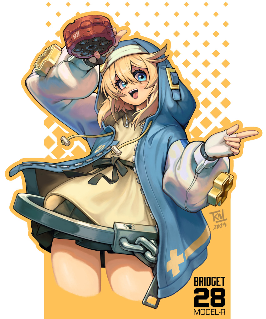 1girl, absurdres, black_gloves, blonde_hair, blue_eyes, blush, bridget_(guilty_gear), character_name, cuffs, female_focus, fingerless_gloves, gloves, guilty_gear, guilty_gear_strive, habit, handcuffs, highres, hood, hood_up, hooded_jacket, hoodie, jacket, long_sleeves, looking_at_viewer, medium_hair, open_clothes, open_hoodie, open_mouth, puffy_long_sleeves, puffy_sleeves, smile, terkatoriam, yo-yo