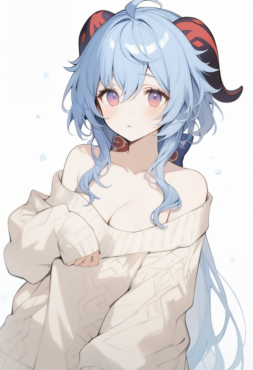 1girl, absurdres, ahoge, ai-generated, bare_shoulders, blue_hair, blush, breasts