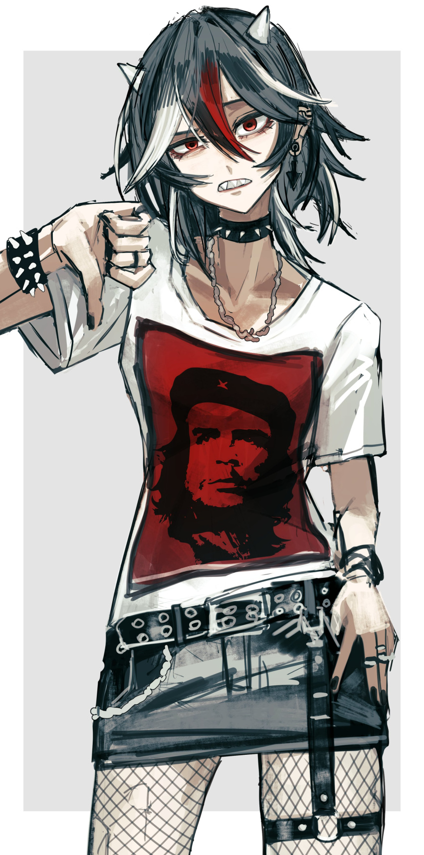 1girl, absurdres, alternate_costume, arrow_(symbol), arrow_earrings, belt, black_choker, black_nails, bracelet, che_guevara, choker, commentary_request, denim, denim_skirt, fishnet_pantyhose, fishnets, grey_hair, grey_horns, highres, horns, jewelry, kijin_seija, multicolored_hair, pantyhose, print_shirt, red_eyes, redhead, safutsuguon, sharp_teeth, shirt, skirt, small_horns, spiked_bracelet, spiked_choker, spikes, streaked_hair, t-shirt, teeth, thigh_strap, thumbs_down, touhou, white_hair, white_shirt