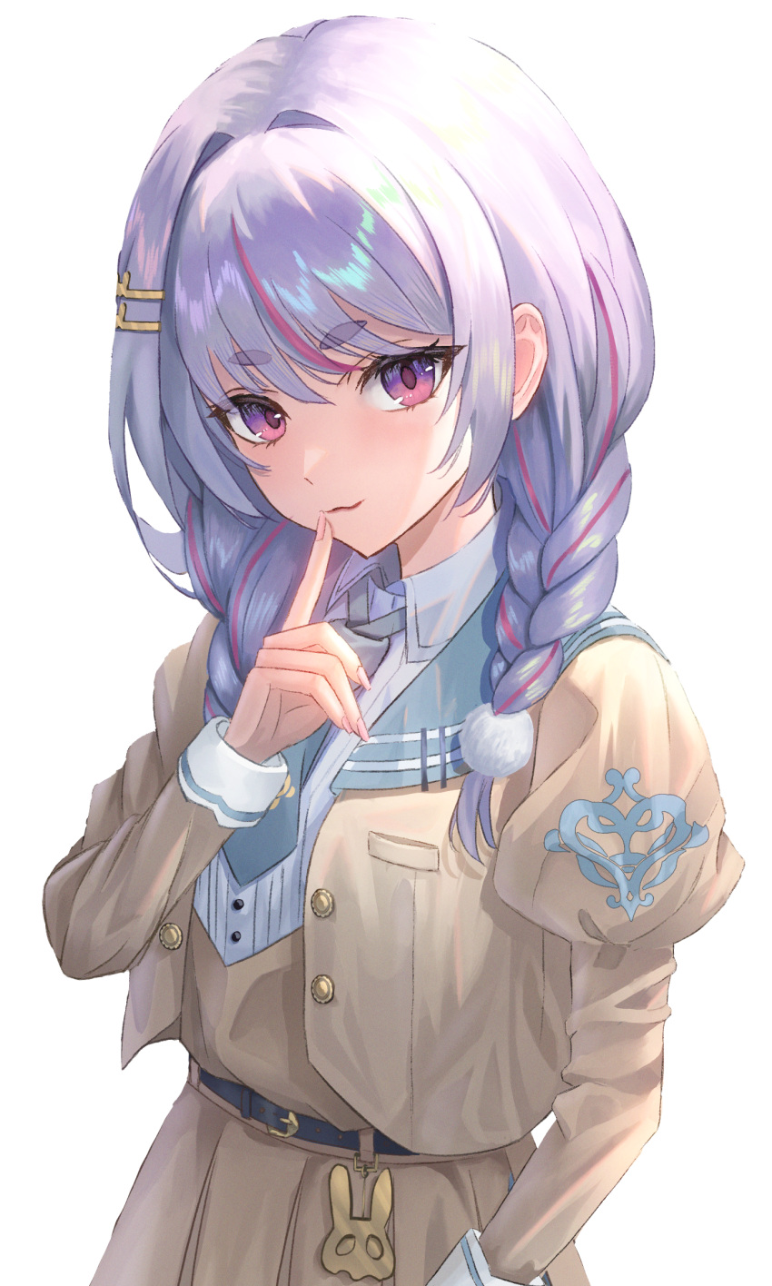 1girl, :3, belt, black_belt, braid, collar, collared_shirt, finger_to_mouth, french_braid, furiasu, grey_collar, grey_hair, grey_necktie, hair_ornament, hair_over_shoulder, hairclip, highres, index_finger_raised, jacket, long_hair, long_sleeves, looking_at_viewer, multicolored_hair, necktie, pink_hair, pom_pom_(clothes), pom_pom_hair_ornament, puffy_long_sleeves, puffy_sleeves, school_uniform, shirt, skirt, solo, streaked_hair, tosaki_mimi, transparent_background, twin_braids, violet_eyes, virtual_youtuber, vspo!, white_shirt, yellow_jacket, yellow_shirt, yellow_skirt