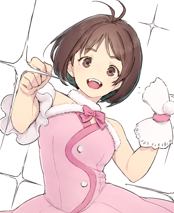1girl, antenna_hair, asymmetrical_sleeves, bow, bowtie, brown_eyes, brown_hair, clenched_hands