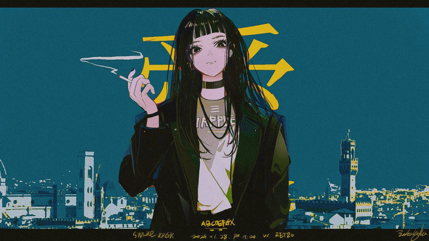1girl, black_choker, black_eyes, black_hair, black_jacket, bracelet, choker, cigarette