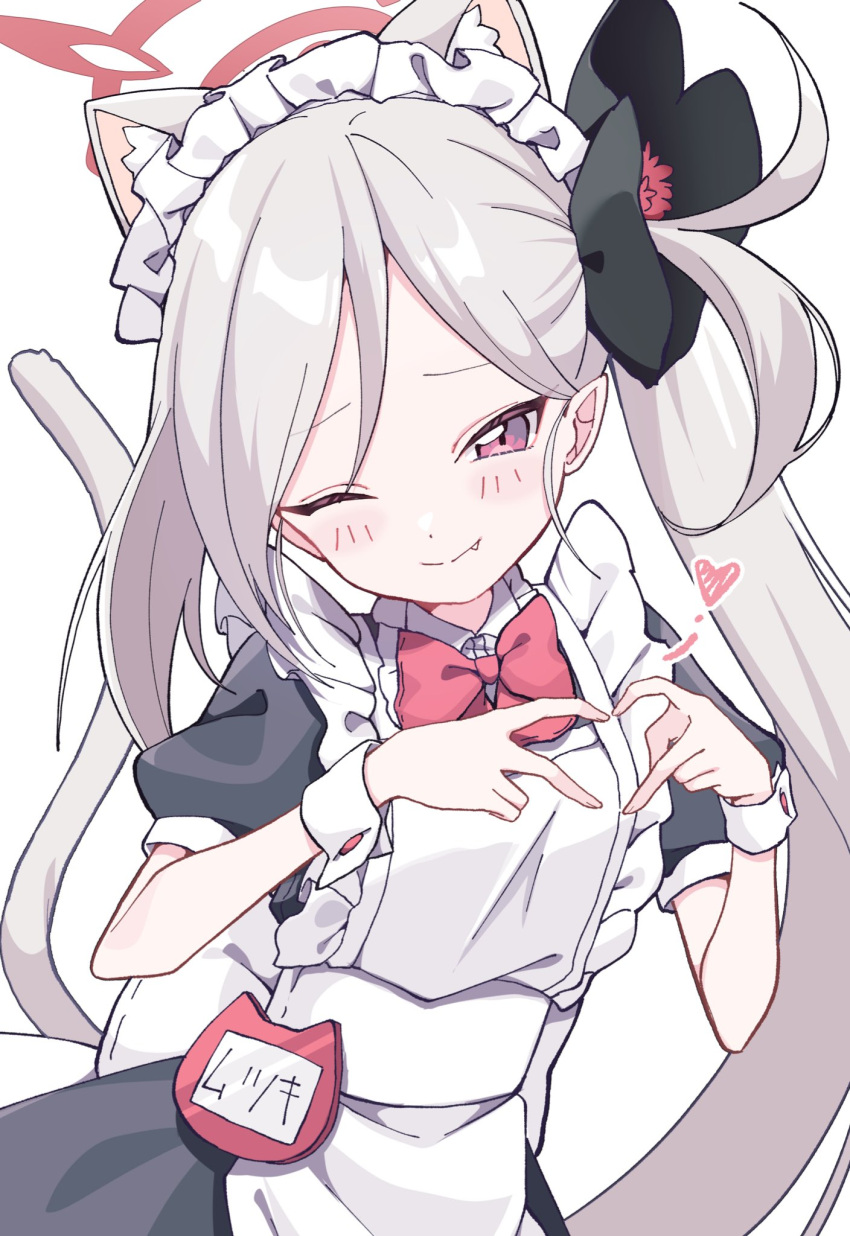 1girl, alternate_costume, animal_ears, apron, black_dress, blue_archive, blush, cat_ears