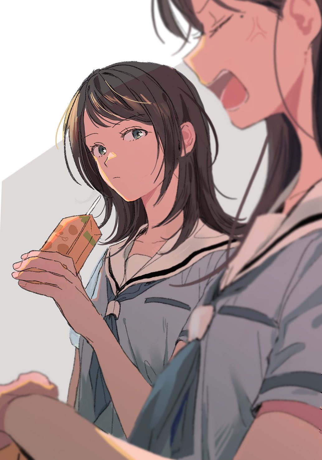 anger_vein, angry, bang_dream!, bang_dream!_it's_mygo!!!!!, blue_neckerchief, blue_shirt, blurry, brown_hair