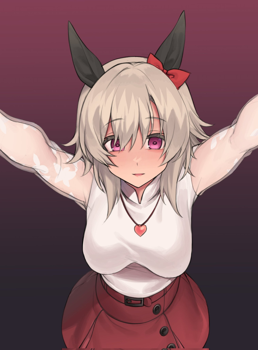 1girl, animal_ears, belt, black_background, bow, bright_pupils, casual, commentary_request