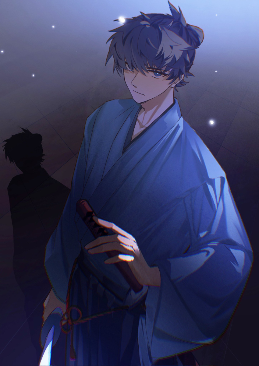 1boy, black_hair, black_hakama, blue_eyes, blue_kimono, dark, fate/samurai_remnant, fate_(series)