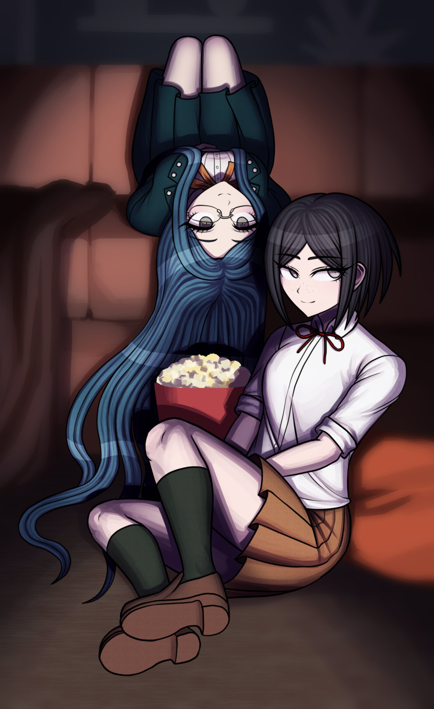 2girls, absurdres, black_jacket, black_skirt, blue_hair, brown_footwear, brown_skirt, commission