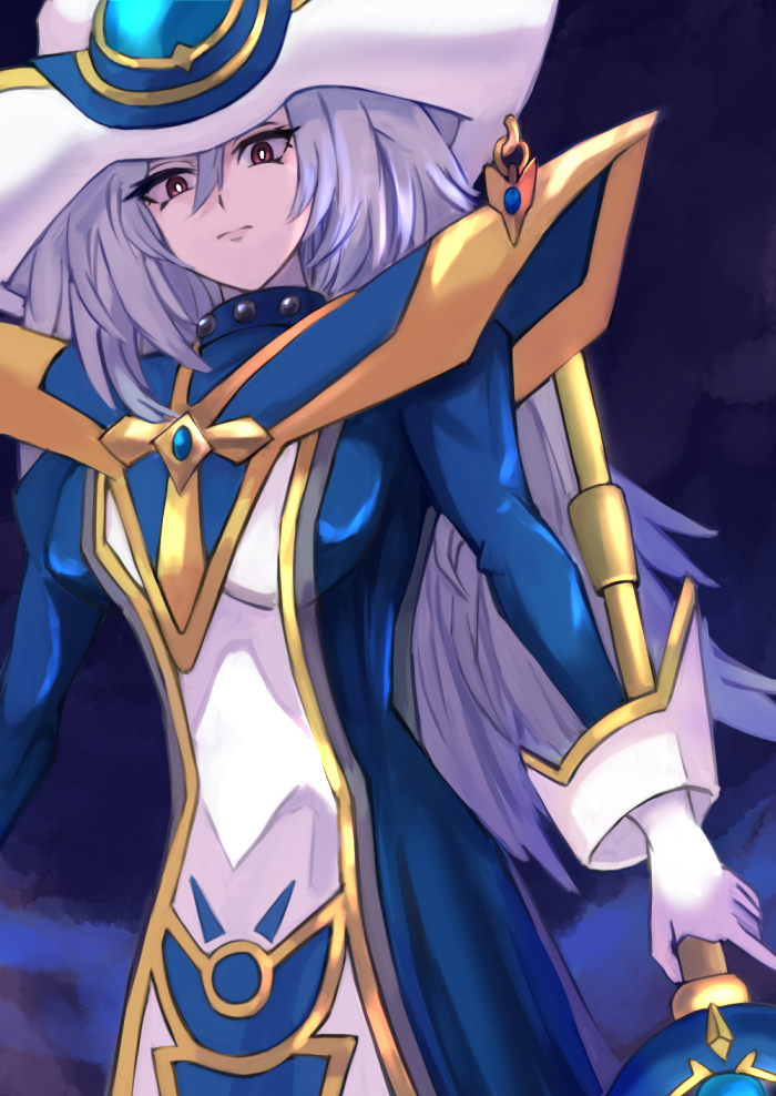 1girl, blush, brown_eyes, fullborem, gloves, gold_trim, hair_between_eyes, hair_over_one_eye, hat, holding, holding_staff, long_hair, long_sleeves, red_eyes, silent_magician, silent_magician_zero, solo, staff, very_long_hair, white_gloves, white_hair, witch_hat, yu-gi-oh!