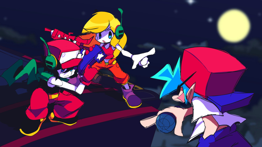 1girl, 2boys, antennae, black_hair, black_tank_top, blonde_hair, blue_hair, blue_pants