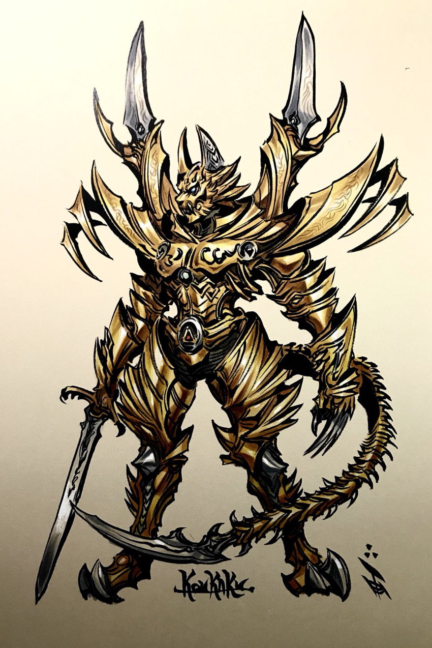 1boy, armor, character_request, claw_(weapon), clawed_boots, concept_art, full_armor, garo