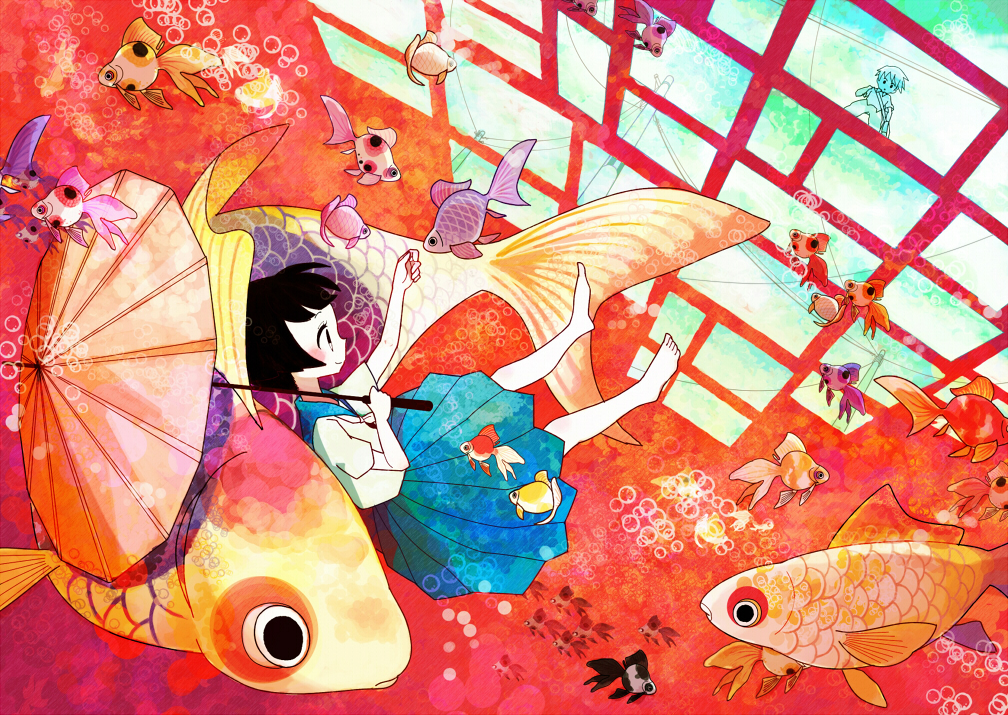 black_hair, bob_cut, bubble, fish, floating, goldfish, oriental_umbrella, original, rarara-men, school_uniform, serafuku, short_hair, solo, umbrella, water