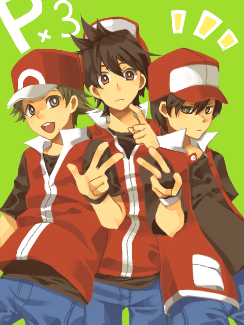 alternate_costume, alternate_headwear, baseball_cap, black_eyes, black_hair, brown_eyes, brown_hair, dual_persona, fingerless_gloves, gloves, hat, jeans, male, multiple_persona, nintendo, open_mouth, pokemon, pokemon_(game), pokemon_firered_and_leafgreen, pokemon_rgby, pokemon_special, popped_collar, red_(pokemon), red_(pokemon)_(remake), red_eyes, smile, spiky_hair, tegaki, una, v, vest, wristband