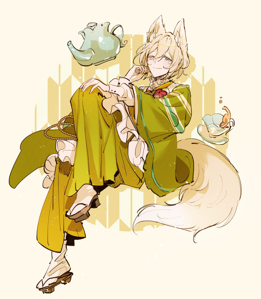 1boy, animal_ears, blonde_hair, blue_eyes, closed_mouth, cup, eichi_turnr, ensemble_stars!
