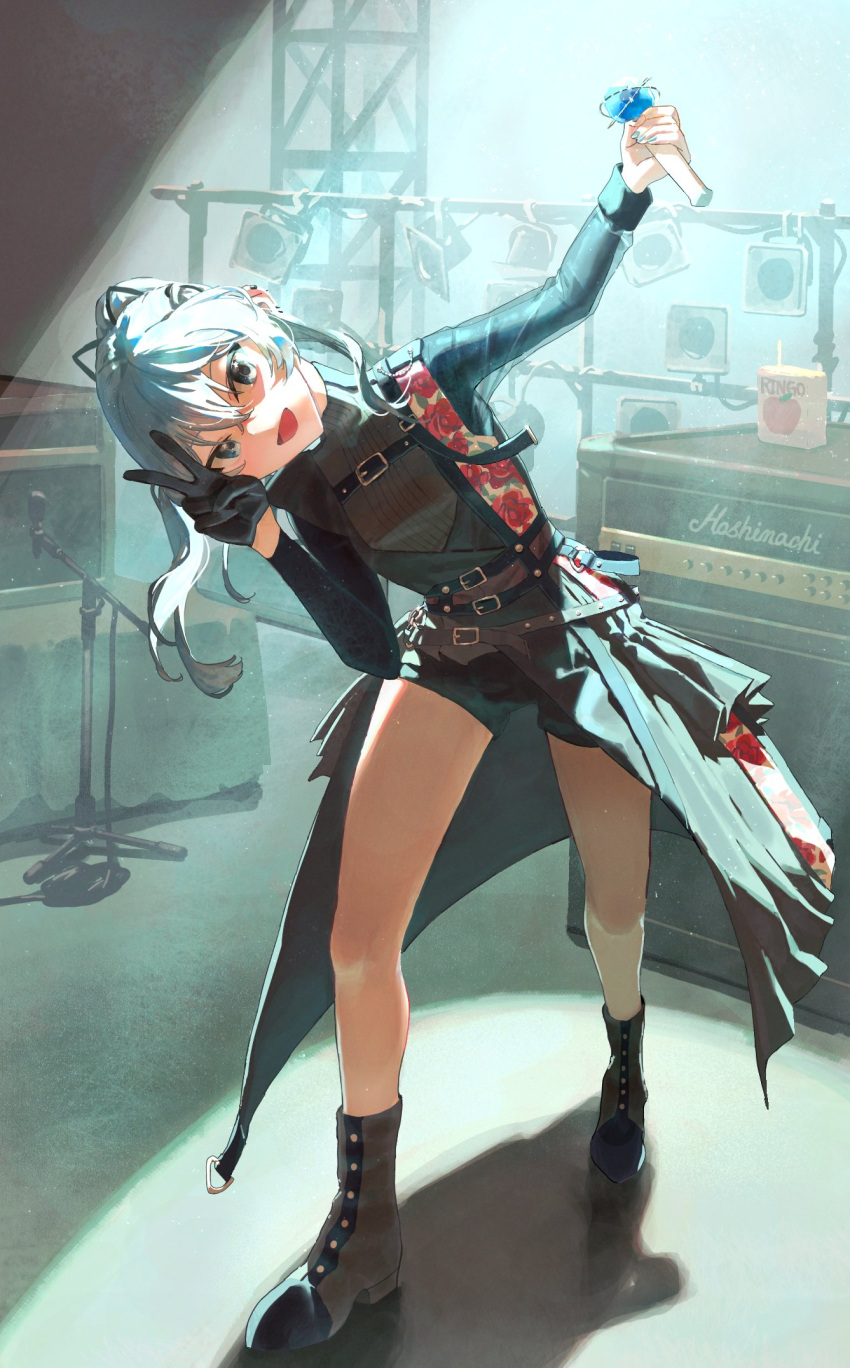 1girl, apple_juice, belt, black_belt, black_eyeliner, black_gloves, black_hair, blue_eyes