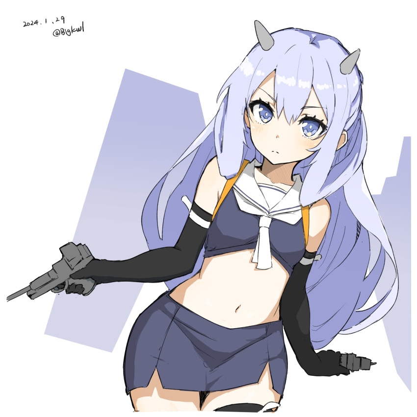1girl, absurdres, bigkwl, black_gloves, blue_eyes, blue_hair, blue_skirt, cowboy_shot