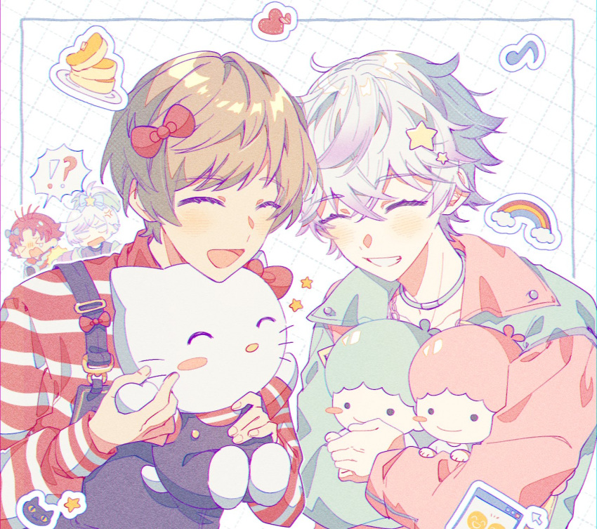 4boys, ando_shiki, bae_(paradox_live), brown_hair, busraknongkai, cozmez_(paradox_live), hair_ornament, hello_kitty, hello_kitty_(character), highres, kiki_(little_twin_stars), lala_(little_twin_stars), little_twin_stars, male_focus, multiple_boys, paradox_live, purple_hair, redhead, sanrio, short_hair, star_(symbol), star_hair_ornament, sugasano_allen, yatonokami_kanata, yatonokami_nayuta