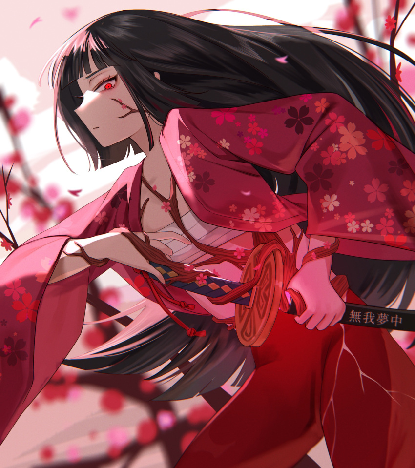 1girl, absurdres, alternate_hair_length, alternate_hairstyle, black_hair, cherry_blossoms, chest_sarashi, e.g.o_(project_moon)