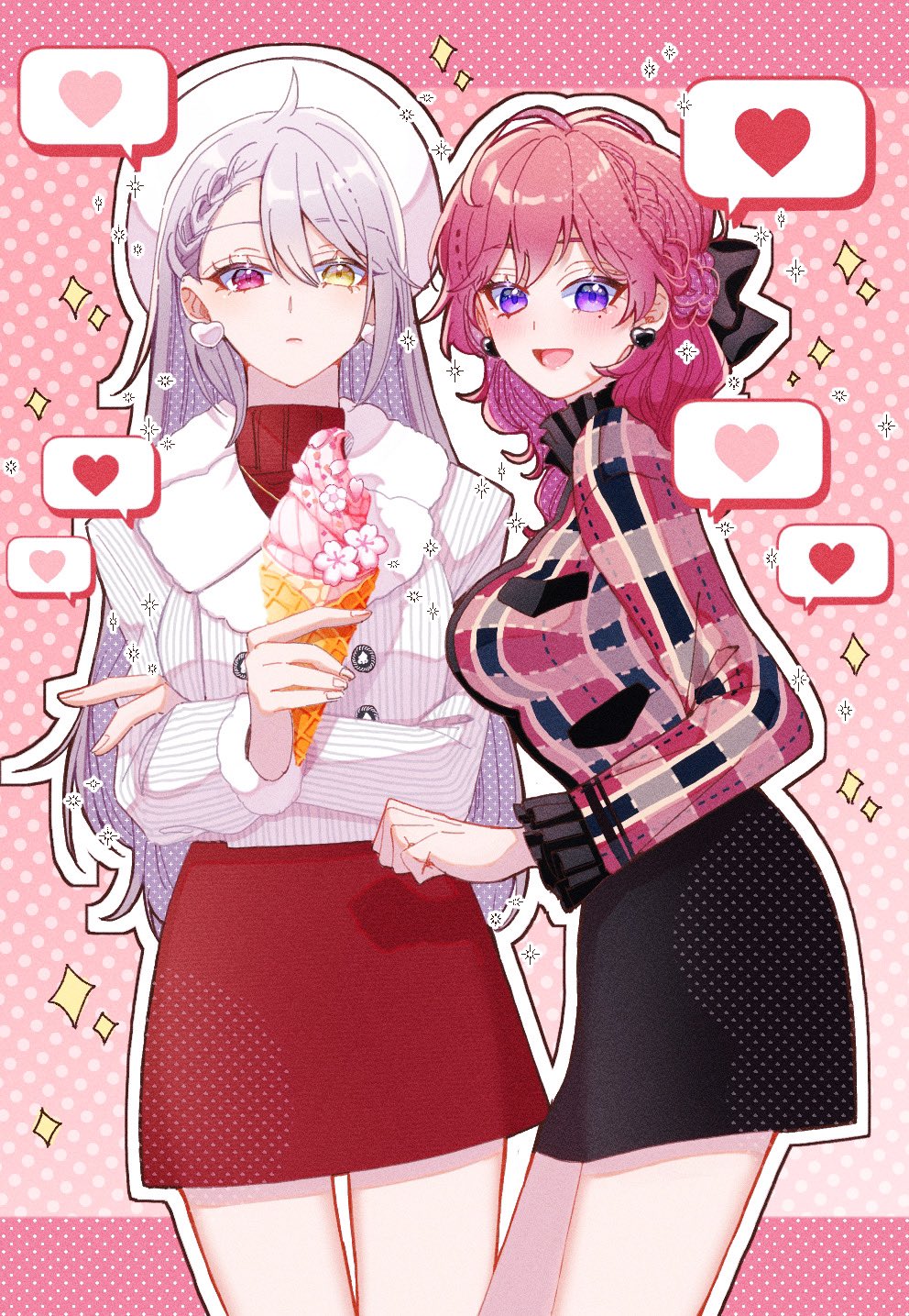 2girls, black_skirt, blush, chloe_collins, closed_mouth, food, genderswap, genderswap_(mtf), grey_hair, heart, heterochromia, highres, holding, holding_food, holding_ice_cream, ice_cream, long_hair, looking_at_viewer, mahoutsukai_no_yakusoku, medium_hair, multiple_girls, nacho_nacho0112, open_mouth, owen_(mahoutsukai_no_yakusoku), pink_background, red_eyes, red_skirt, redhead, skirt, smile, speech_bubble, spoken_heart, violet_eyes, yellow_eyes