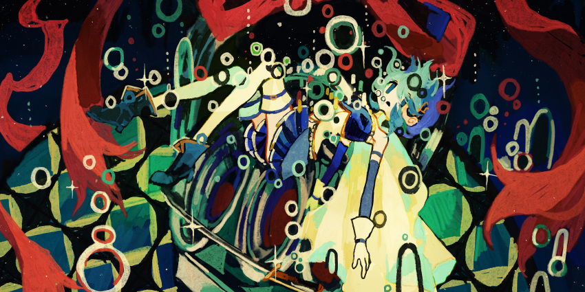1girl, abstract_background, absurdres, asterfield_(meiar), bare_shoulders, blue_eyes, blue_footwear, blue_hair, blue_skirt, boots, bubble, cape, detached_sleeves, floating, floating_hair, gloves, hair_ornament, highres, magical_girl, mahou_shoujo_madoka_magica, mahou_shoujo_madoka_magica_(anime), miki_sayaka, musical_note, musical_note_hair_ornament, open_mouth, pleated_skirt, short_hair, skirt, solo, sparkle, sword, thigh-highs, weapon, white_gloves