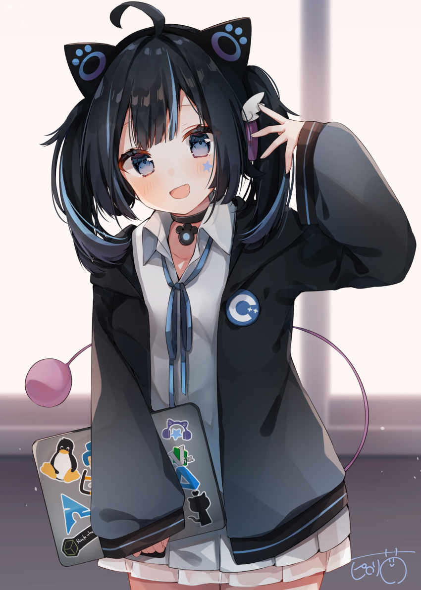1girl, absurdres, animal_ears, black_hair, blue_eyes, blue_hair, cat_ears, cyan_nyan