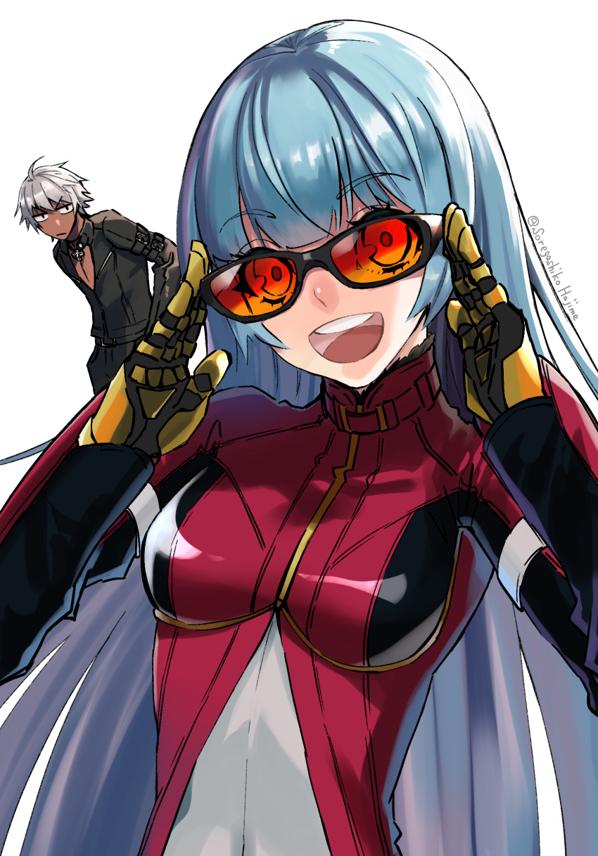 1boy, 1girl, adjusting_eyewear, artist_name, blue_hair, breasts, closed_mouth, commentary_request