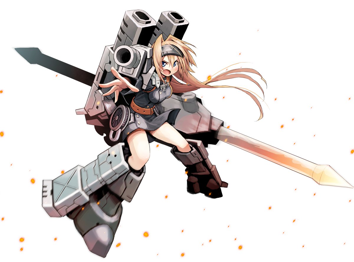 artist_request, belt, blonde_hair, breasts, cannon, cosmic_break, cross, dress, green_eyes, grey_dress, hairband, hanna_fritz, iron_cross, lance, leg_armor, long_hair, mecha_musume, medium_breasts, military_uniform, official_art, open_mouth, outstretched_arm, polearm, second-party_source, uniform, weapon