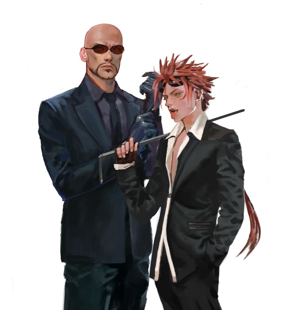 2boys, af_cf, bald, baton_(weapon), black_gloves, black_suit, collared_shirt, facial_hair