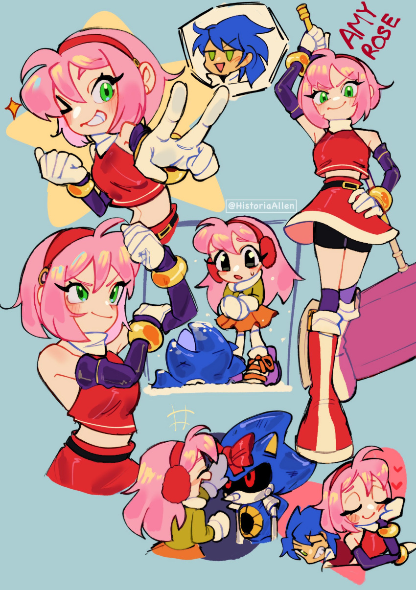 1girl, 2boys, absurdres, amy_rose, blue_hair, bow, character_name, english_text, green_eyes, hammer, highres, historiaallen, holding, holding_hammer, humanization, looking_at_viewer, medium_hair, metal_sonic, multiple_boys, non-humanoid_robot, pink_hair, red_bow, red_eyes, robot, sonic_(series), sonic_the_hedgehog