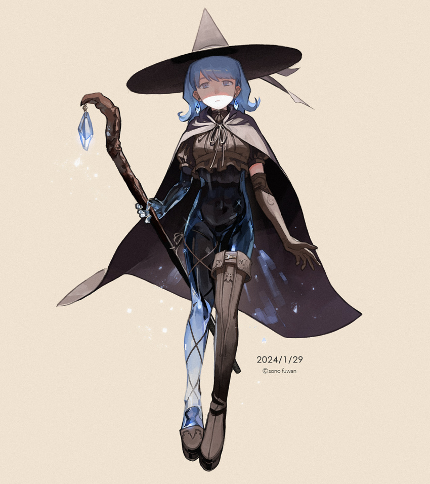 1girl, blue_eyes, blue_hair, boots, cloak, commentary_request, crystal, dated